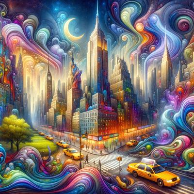 The primary subject of the image is a city street with a tall building in the background. The setting is a busy urban environment, and the visual style is a combination of digital art and illustration. The colors and mood of the image are vibrant and lively, with a mix of bright colors and a sense of energy.